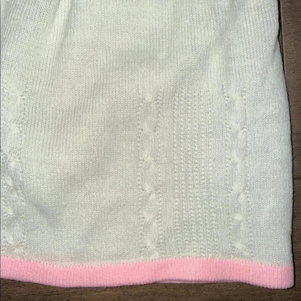 VTG Cradle Knit Baby Dress Cream & Pink Pointelle Knit w/ Floral Embroidery 9M